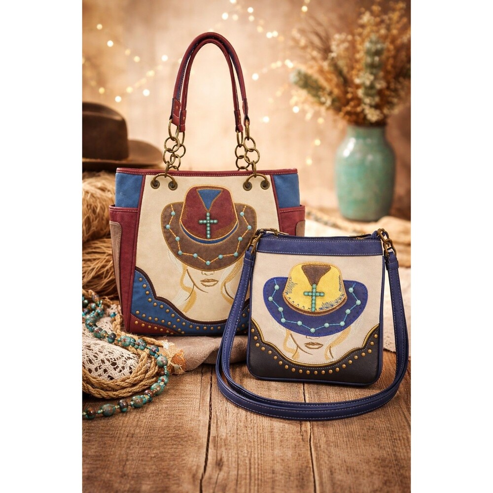 Cowgirl Hat Turquoise Cross  Western Conceal Carry Tote & Crossbody Handbag